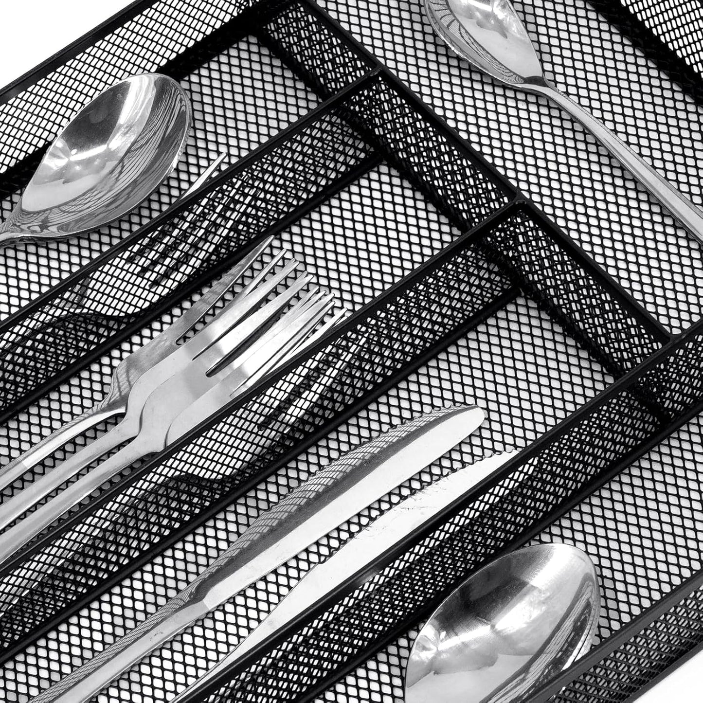Neudeco Drawer Organizer Set 6 Pack - 5-Compartment Silverware Organizer Tray + 5 Utensil Trays, Kitchen Drawer Organizer for Flatware, Cutlery, Office Supplies, Black Mesh, Non-Slip.