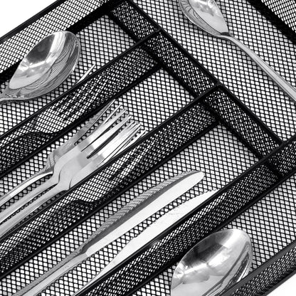 Neudeco Drawer Organizer Set 6 Pack - 5-Compartment Silverware Organizer Tray + 5 Utensil Trays, Kitchen Drawer Organizer for Flatware, Cutlery, Office Supplies, Black Mesh, Non-Slip.