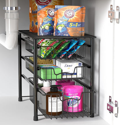 Simple Houseware Stackable 3 Tier Sliding Basket Organizer Drawer, Chrome