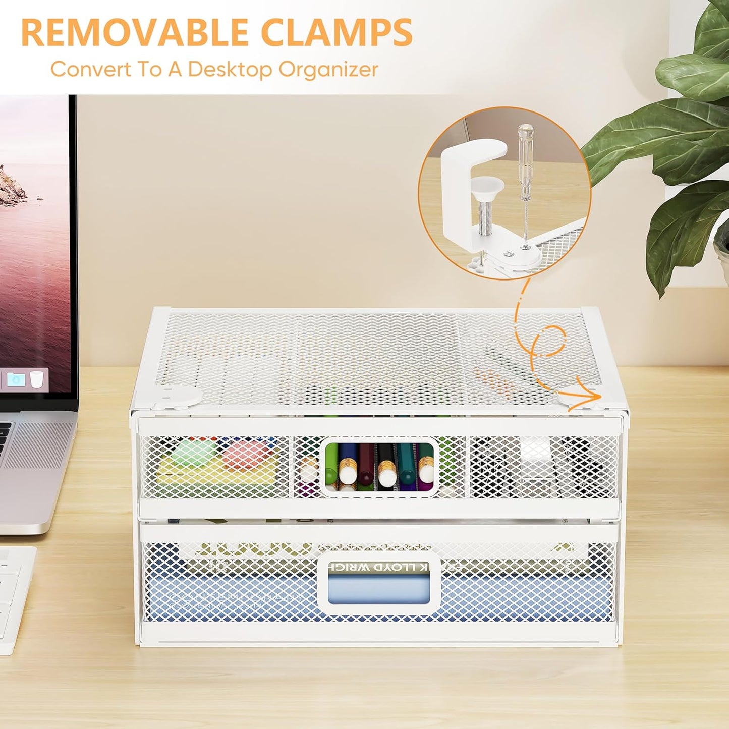 Sliding Under Desk Drawer Organizer No Drilling 2 Drawers Slide Out Desktop Or Under Table Storage Metal Clamp On Desk Drawer Attachment Anti-Slip Desktop Organizer for Home & Office, White
