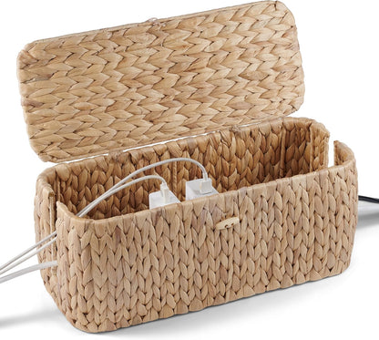 BLUEWEST Cable Management Box, Water Hyacinth Organizer Box, Durable Rattan Cable Organizer with Dual Open Slots for Desk, TV, or Office Cords, Stores Power Strips, USB Hubs, and Wires