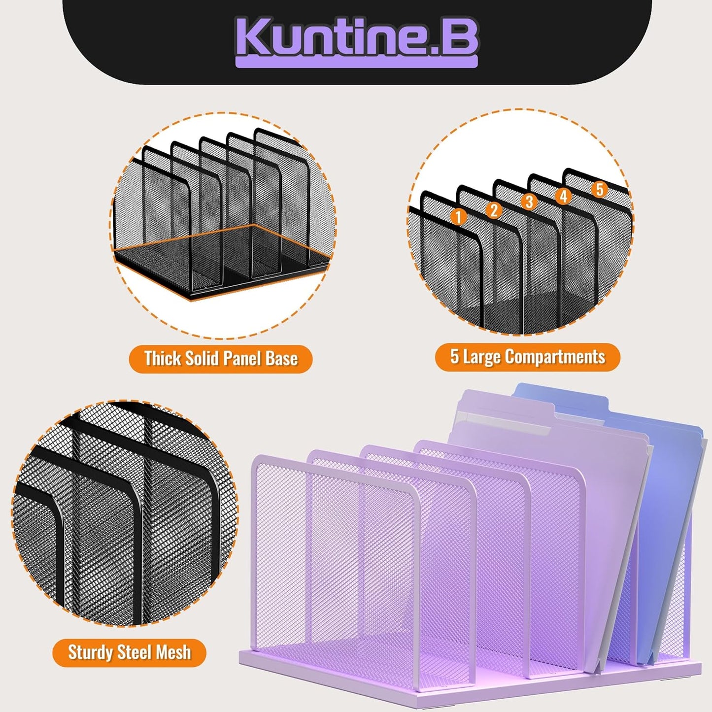 Kuntine.B Desk File Organizer 5 Sections Upright Mesh Desktop Organizer File Sorter Office Organization File Holder for Home, Office & Classroom