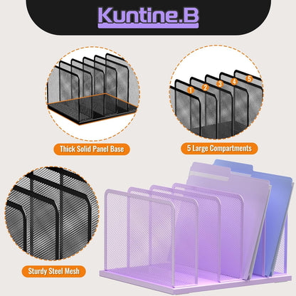 Kuntine.B Desk File Organizer 5 Sections Upright Mesh Desktop Organizer File Sorter Office Organization File Holder for Home, Office & Classroom