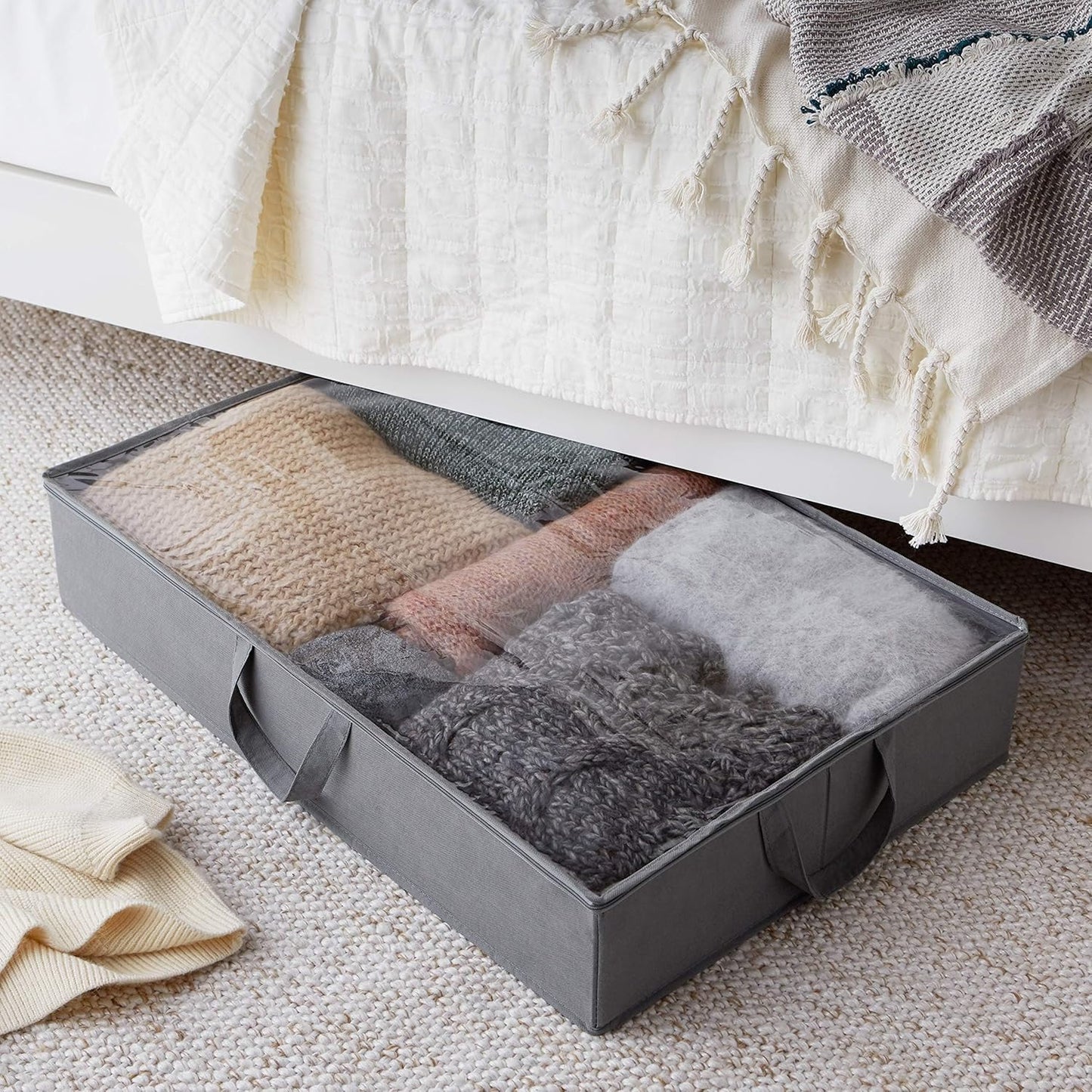 Amazon Basics Under Bed Storage Bags for Clothes and Blankets, Foldable Fabric Zipper Container with Clear Window and Reinforced Handles, Space Saving, 18 x 42 x 6 inches, Gray, 2-Pack