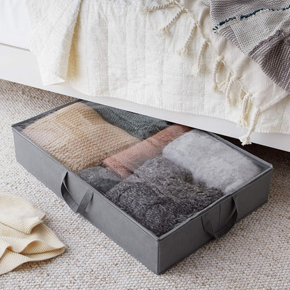 Amazon Basics Under Bed Storage Bags for Clothes and Blankets, Foldable Fabric Zipper Container with Clear Window and Reinforced Handles, Space Saving, 18 x 42 x 6 inches, Gray, 2-Pack