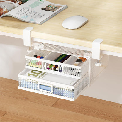 Under Desk Drawer Organizer with 2 Slide Out Drawers – No Drilling Metal Clamp-On Storage, Anti-Slip Desk Drawer Attachment for Home & Office Desktop Organization (White)