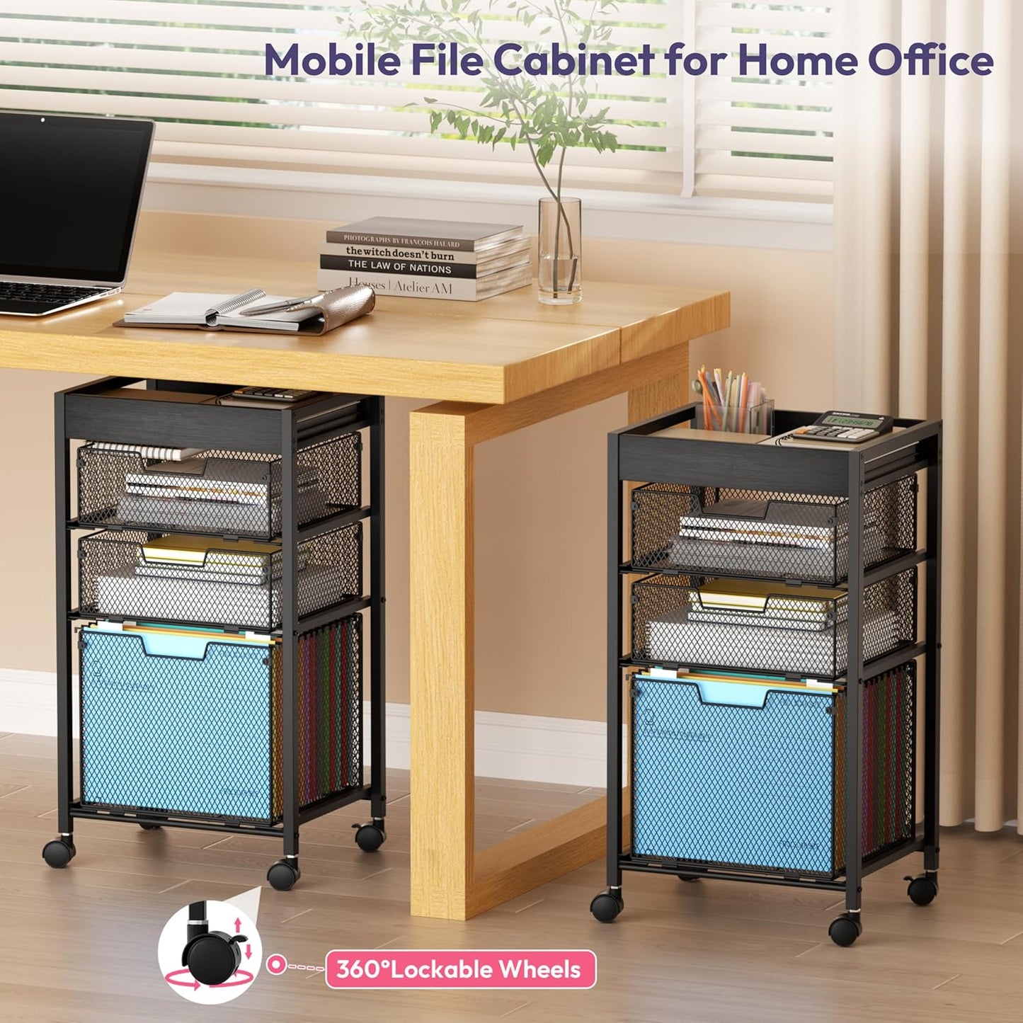 SWTYMIKI Rolling File Cart with Drawers - 4 Tier Under Desk Storage Craft Rolling Organizer Cart - Office Storage &Organization, Mobile Metal Filing Cabinet for Office and Home Espresso
