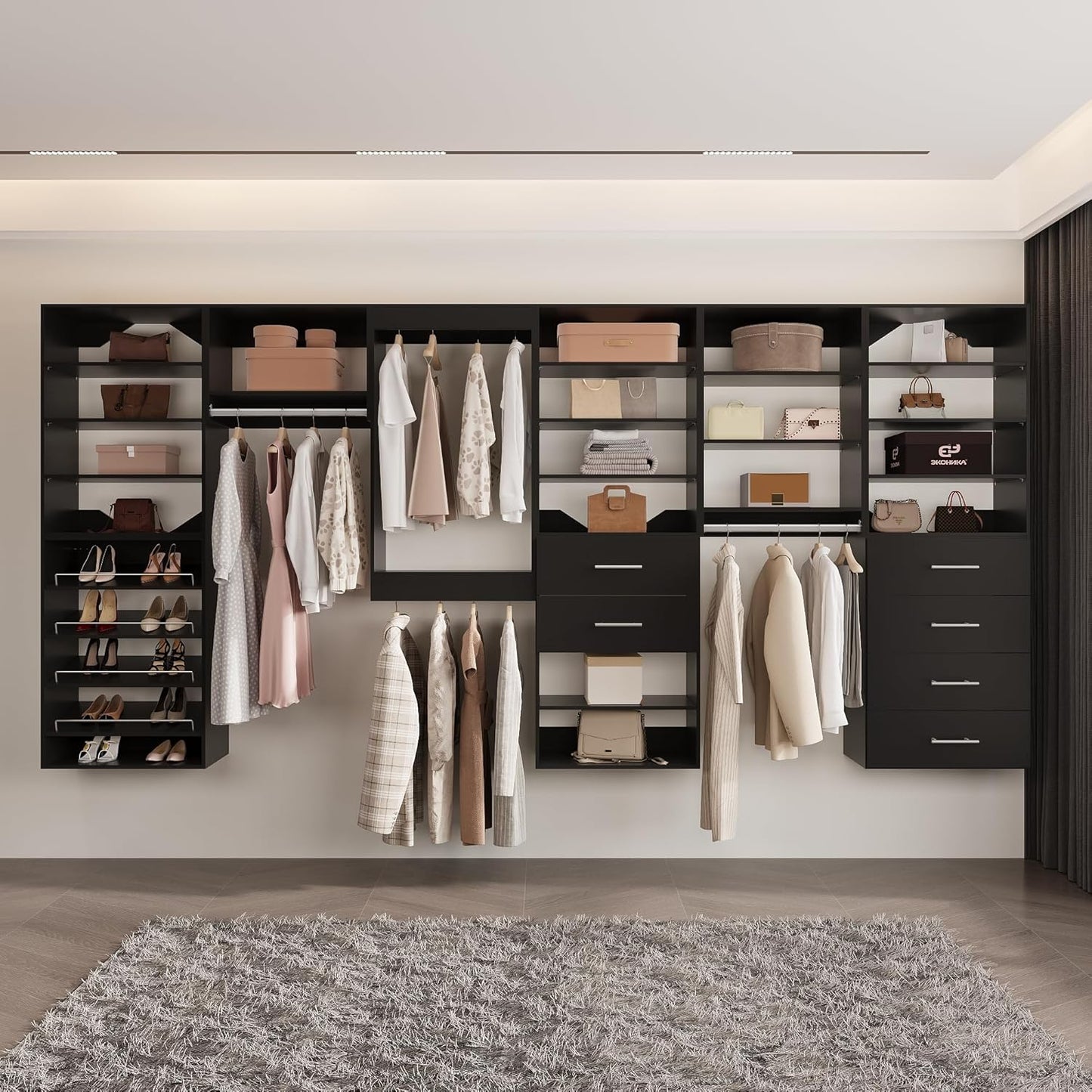 4-Drawer Stackable Storage Organizer Unit for Closet, Modular Wood Closet Storage Bins with Drawers, Closet She-lf Organizer Basket for Hanging Clothes, Wood, 25.5"W
