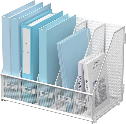 SUPEASY Desk Organizers Metal Desk Magazine File Holder with 5 Vertical Compartments Rack File Organizer for Office Desktop, Classroom, Home Workspace, Black