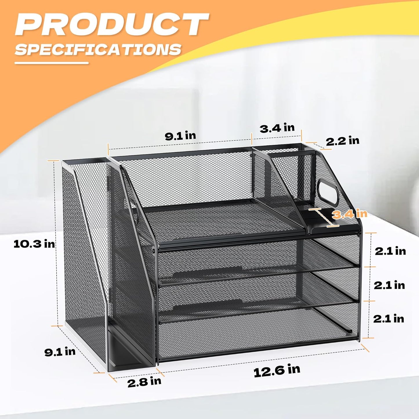 DocNest 4 Tier Metal Mesh Letter Tray - Space Saving Desk File Organizer with Handle, Pen Holder & Folder Holder - Desktop Document Sorter for Office, Home, School, Classroom - Black
