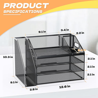 DocNest 4 Tier Metal Mesh Letter Tray - Space Saving Desk File Organizer with Handle, Pen Holder & Folder Holder - Desktop Document Sorter for Office, Home, School, Classroom - Black