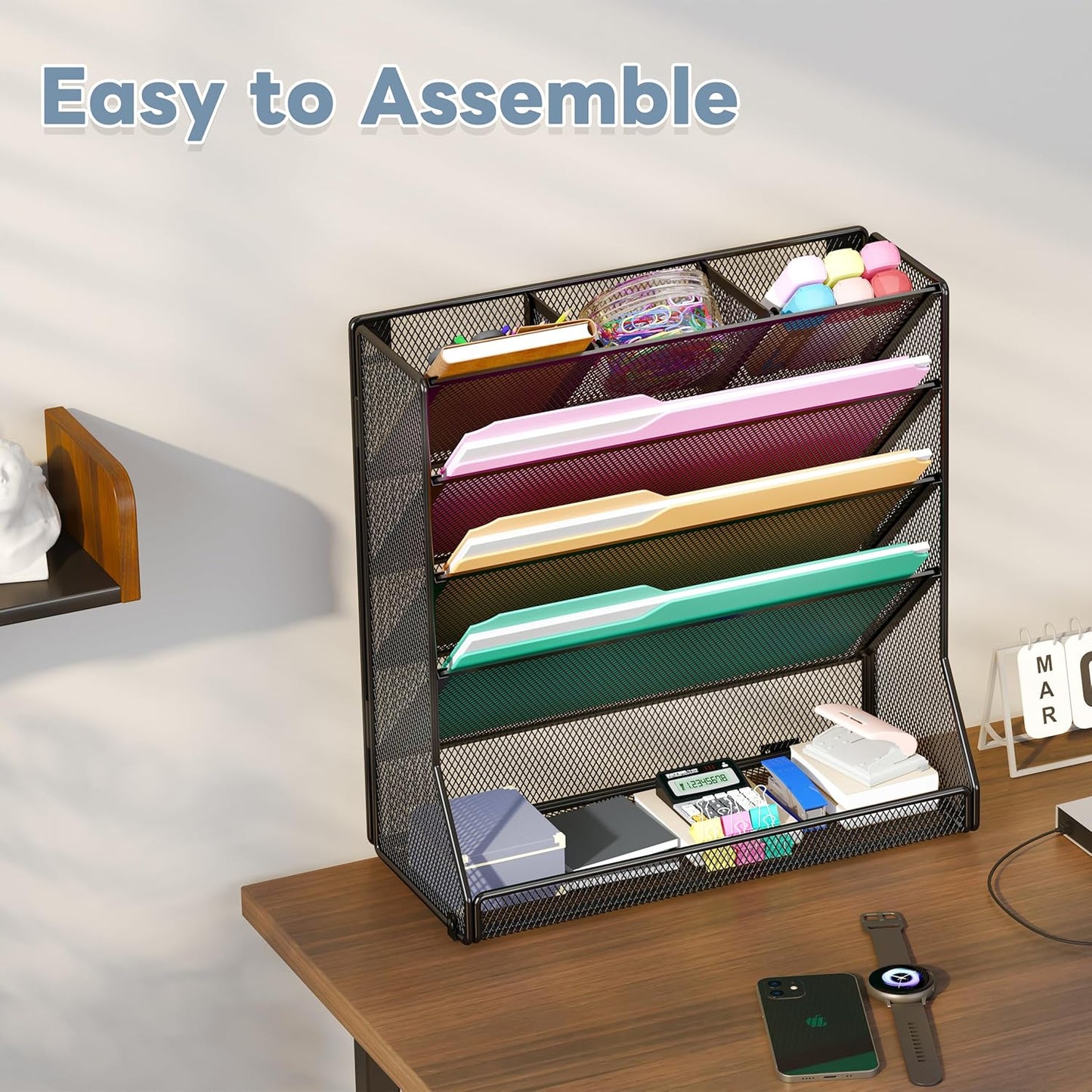 Jakyitvi File Organizer Wall Mounted, 4 Tiers Durable Adjustable Metal Desk Organizer, Desktop Hanging File Holder with 4 Pen Slots Stable, 4 Pull-Out Divider for File, Mail, Black, Patent Pending