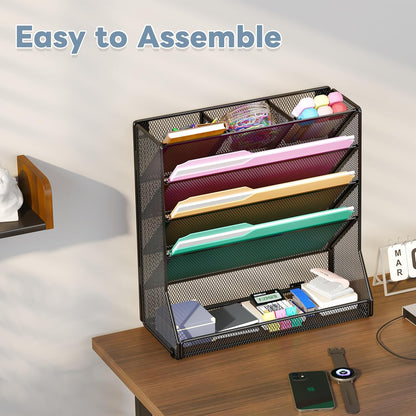 Jakyitvi File Organizer Wall Mounted, 4 Tiers Durable Adjustable Metal Desk Organizer, Desktop Hanging File Holder with 4 Pen Slots Stable, 4 Pull-Out Divider for File, Mail, Black, Patent Pending