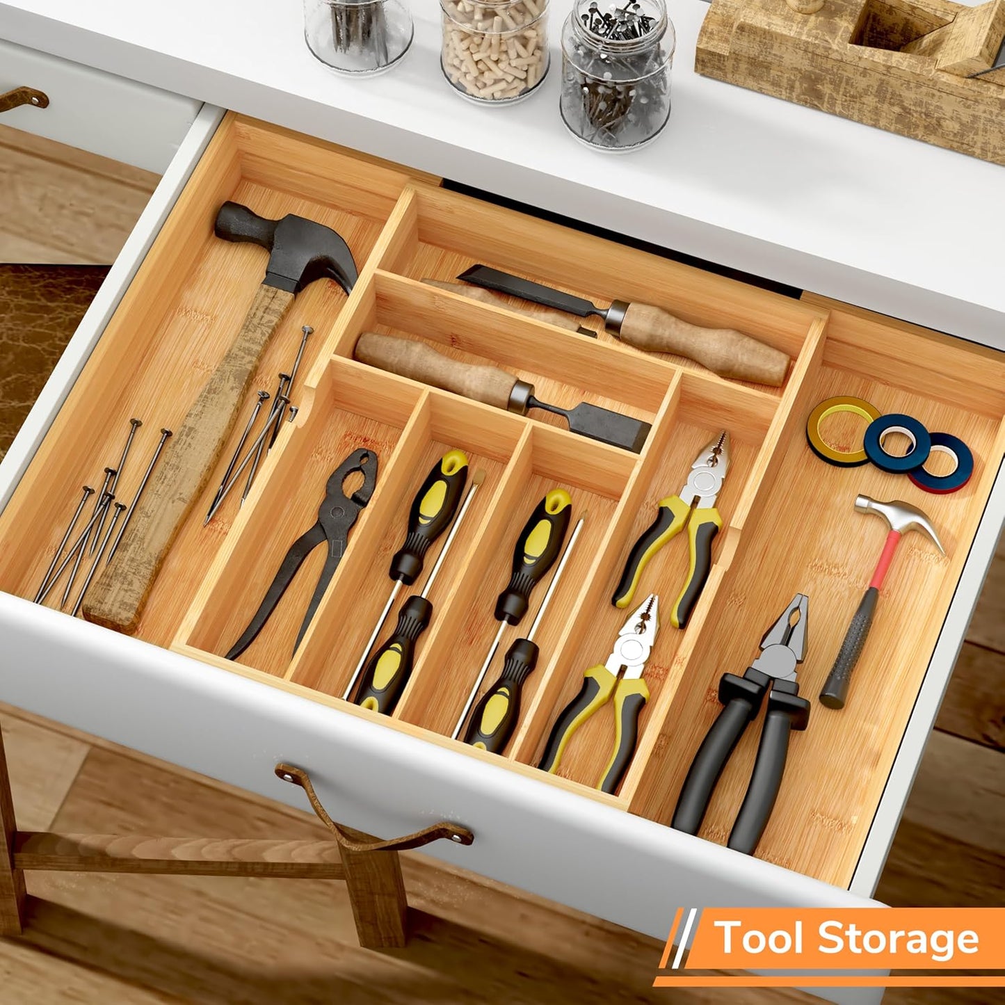 BAMEOS drawer organizer flatware organizer cutlery tray silverware organizer expandable adjustable bamboo drawer organizer kitchen bathroom