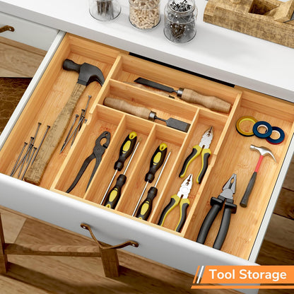 BAMEOS drawer organizer flatware organizer cutlery tray silverware organizer expandable adjustable bamboo drawer organizer kitchen bathroom