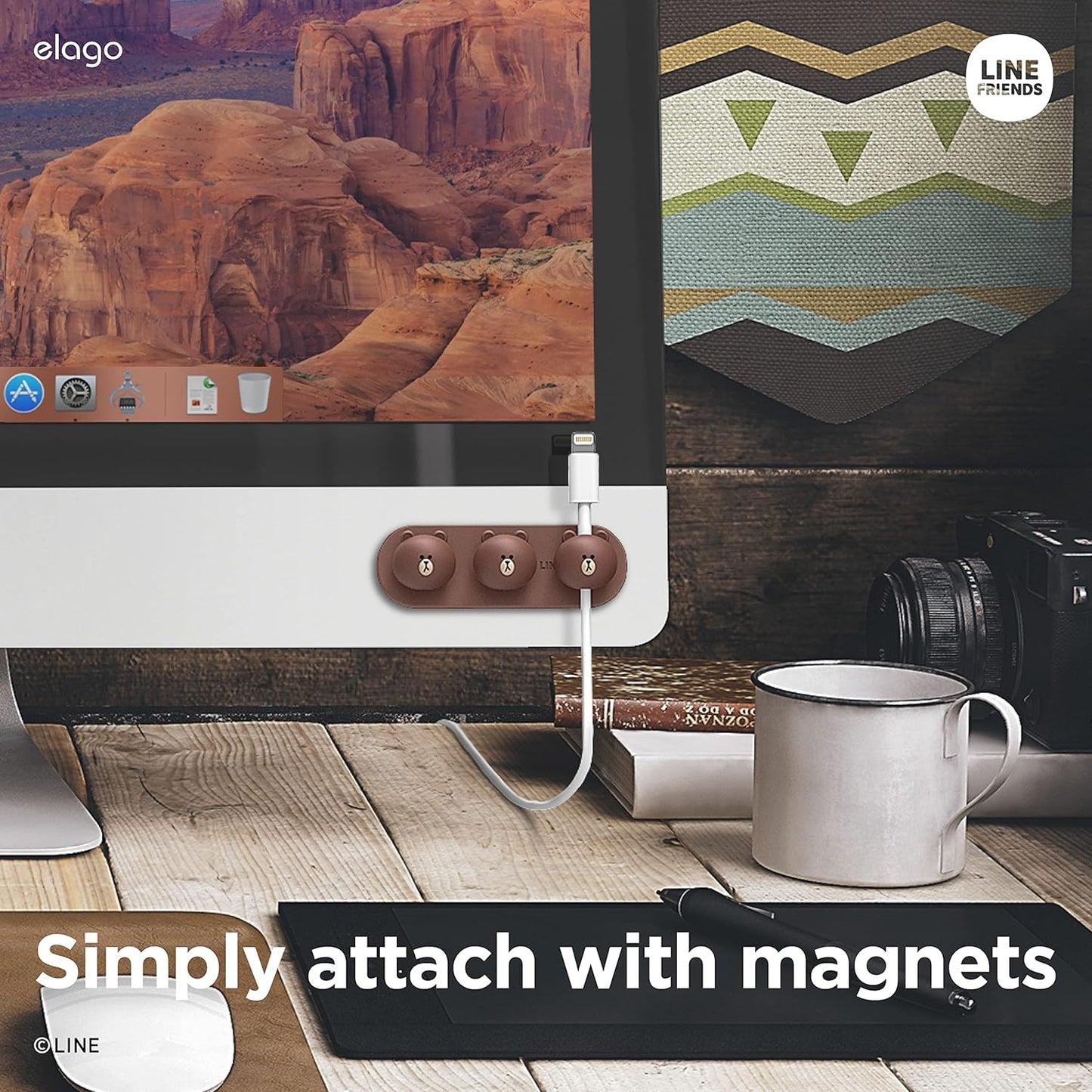 elago | LINE Friends Magnetic Cable Management Buttons, Organize 3 Cables, Powerful Magnets, Reusable Sticker Attaches to Surface, Desk Organization (Brown)
