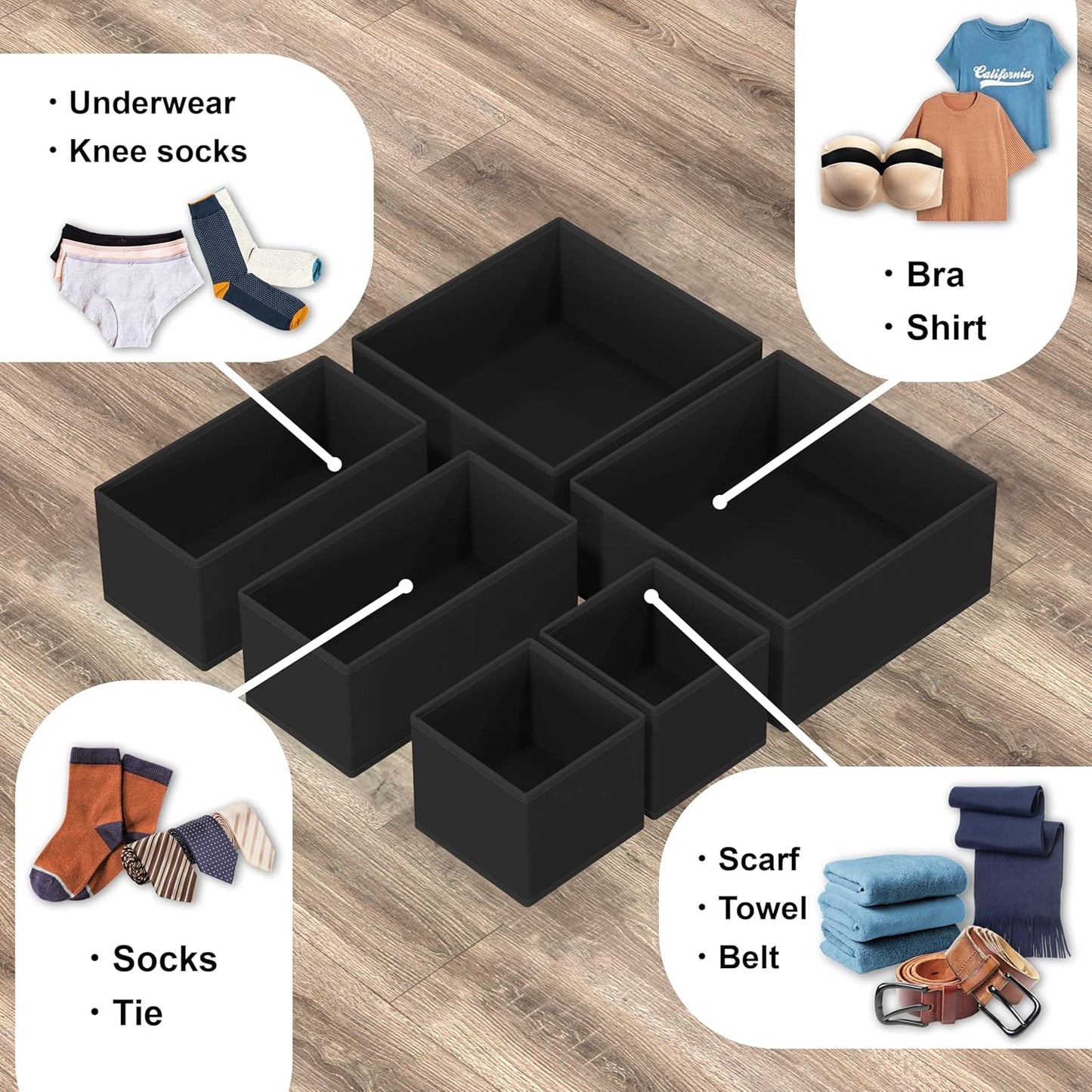 SIMPLE HOUSEWARE Foldable Drawer Organizer for Clothes/Underwear/Panty/Onesie Stocking Bin, Set of 12, Black