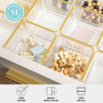 Martha Stewart Kerry Plastic Stackable Office Desk Drawer Organizers, 6" x 3", 6 Pack, with Gold Trim