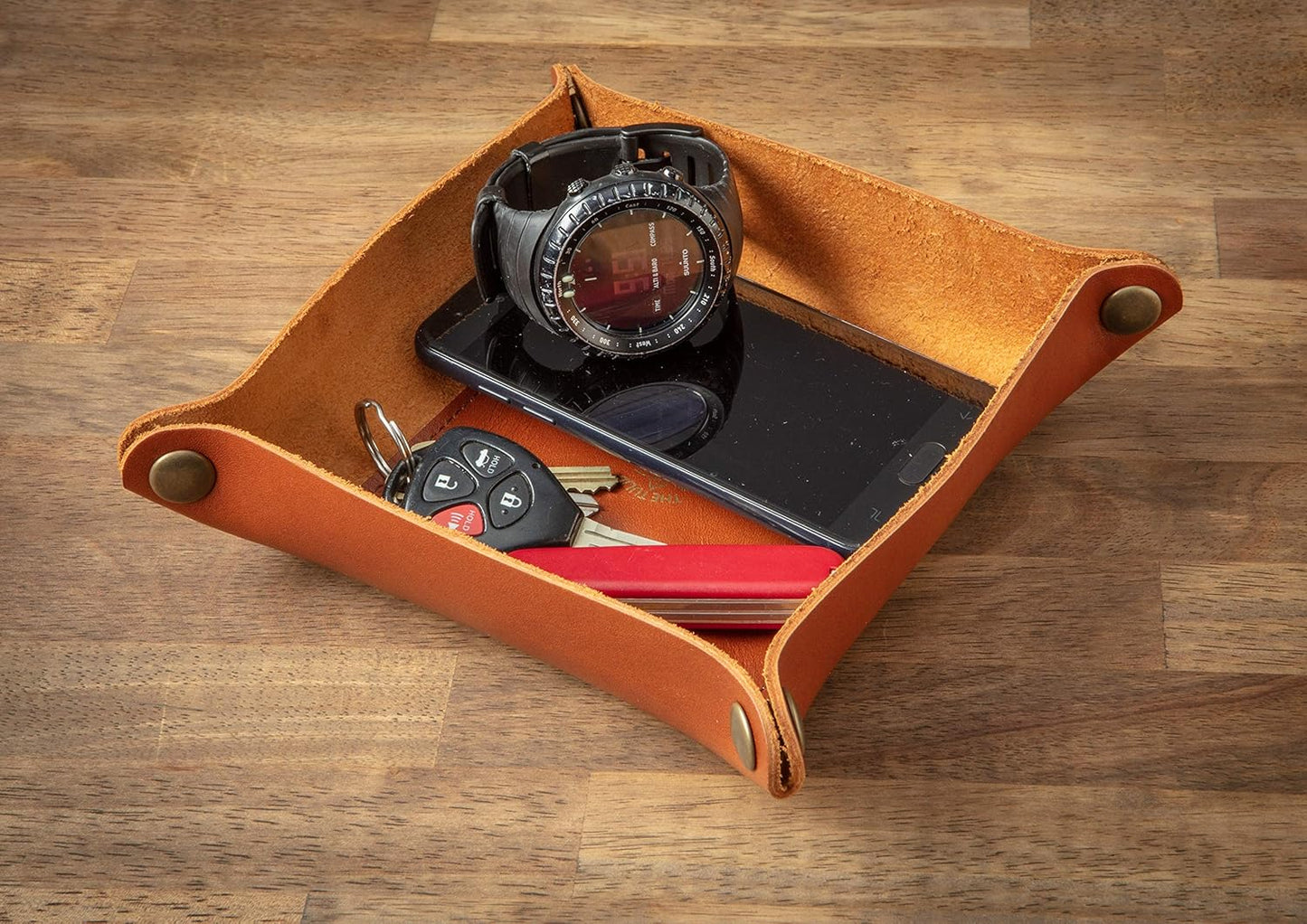 USA Handmade Premium Leather Valet Tray, Folds Flat! Dice Rolling Basket and Organizer with Brass Snaps - Reinforced Base - for Keys, Jewelry, Coin, EDC, Watch Storage Caddy - Black XLarge