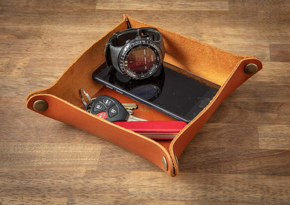 USA Handmade Premium Leather Valet Tray, Folds Flat! Dice Rolling Basket and Organizer with Brass Snaps - Reinforced Base - for Keys, Jewelry, Coin, EDC, Watch Storage Caddy - Black XLarge