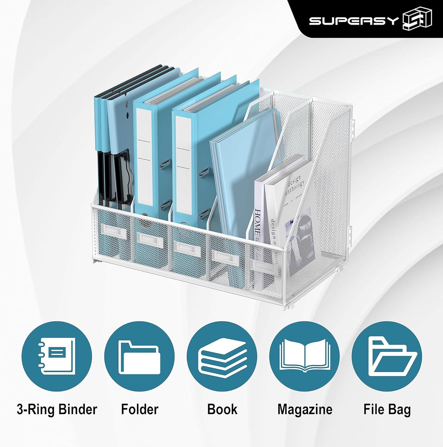SUPEASY Desk Organizers Metal Desk Magazine File Holder with 5 Vertical Compartments Rack File Organizer for Office Desktop, Classroom, Home Workspace, Black