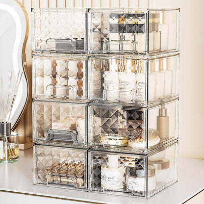 Delamu 6 Pack Stackable Storage Drawers, Makeup Skincare Holder Vanity Storage Organizer, Plastic Drawers For Vanity Desk, Undersink, Kitchen Cabinet, Pantry, Clear, Ideal Christmas Gifts for Girls
