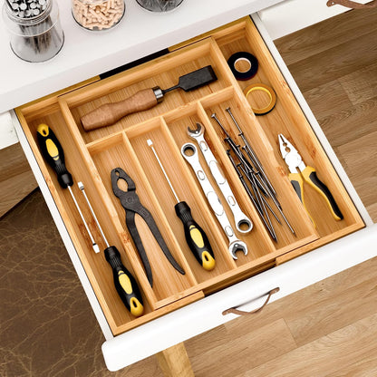 BAMEOS drawer organizer flatware organizer cutlery tray silverware organizer expandable adjustable bamboo drawer organizer kitchen bathroom