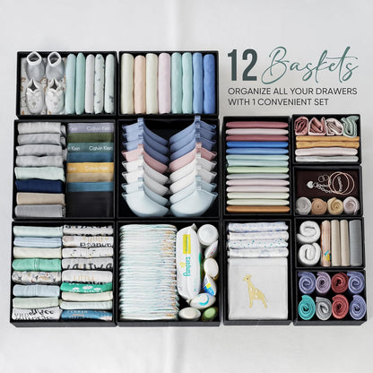 Drawer Organizer Clothes Set of 12 Grey - Dresser Organizer For Nursery, Bedroom, Closet - The Perfect Baby Clothes Organizer and Storage & General Nursery Organization or Dresser Drawer Organizers