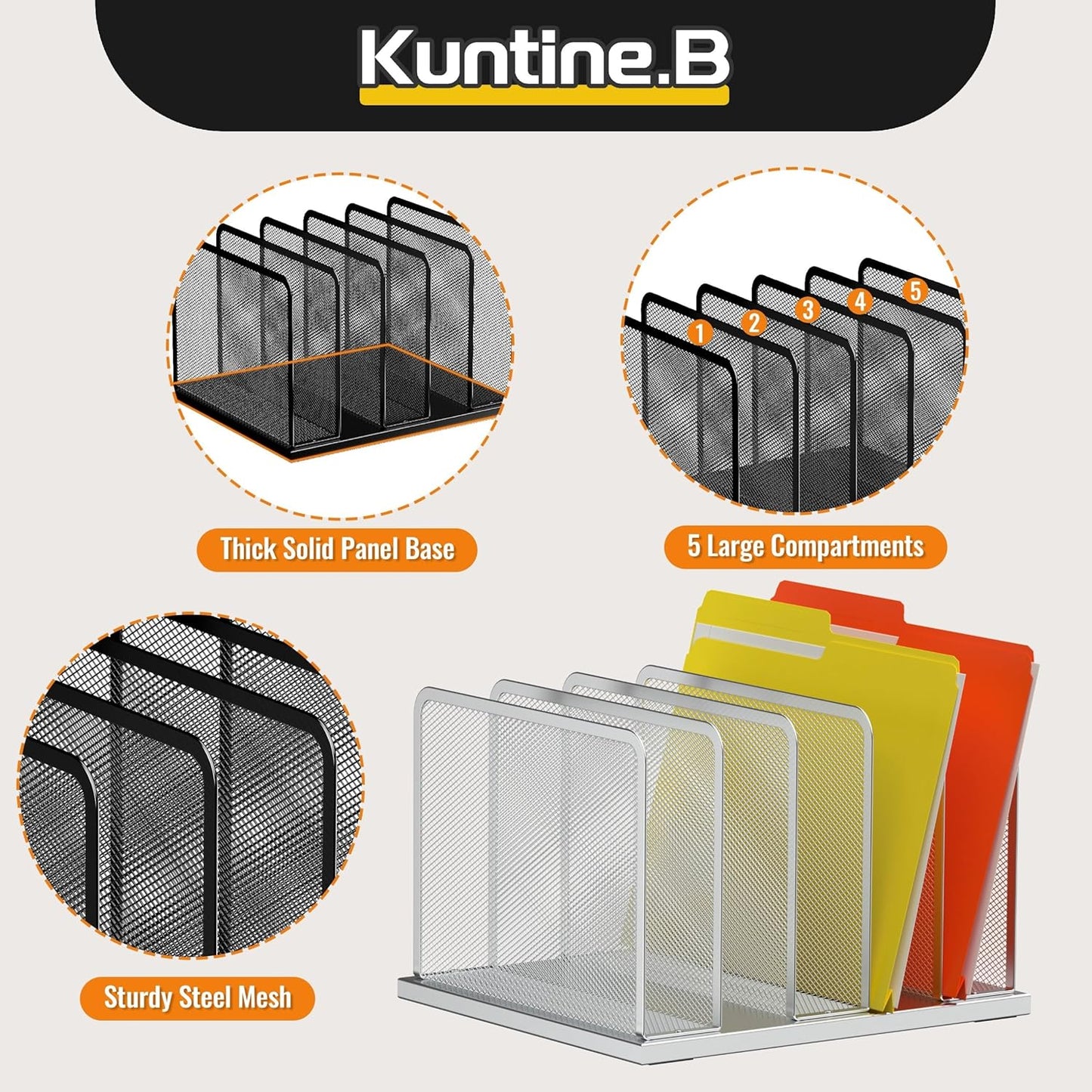 Kuntine.B Desk File Organizer 5 Sections Upright Mesh Desktop Organizer File Sorter Office Organization File Holder for Home, Office & Classroom