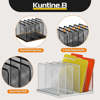 Kuntine.B Desk File Organizer 5 Sections Upright Mesh Desktop Organizer File Sorter Office Organization File Holder for Home, Office & Classroom