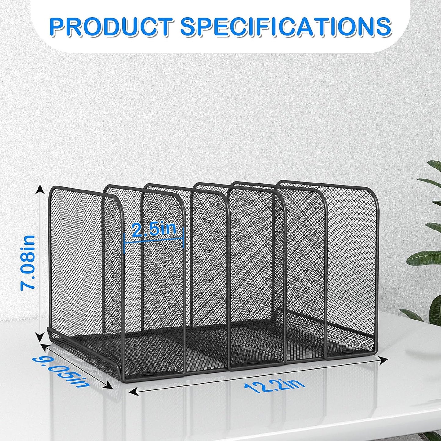 TOPCJ 5 Sections Desk File Holder/Rack/Sorter,Mesh File Organizer,File Folder Organizer,Metal Upright Desktop Organization for Documents,Magazine,Kitchenware,Antiskid,Antirust,Sturdy,1 Pack