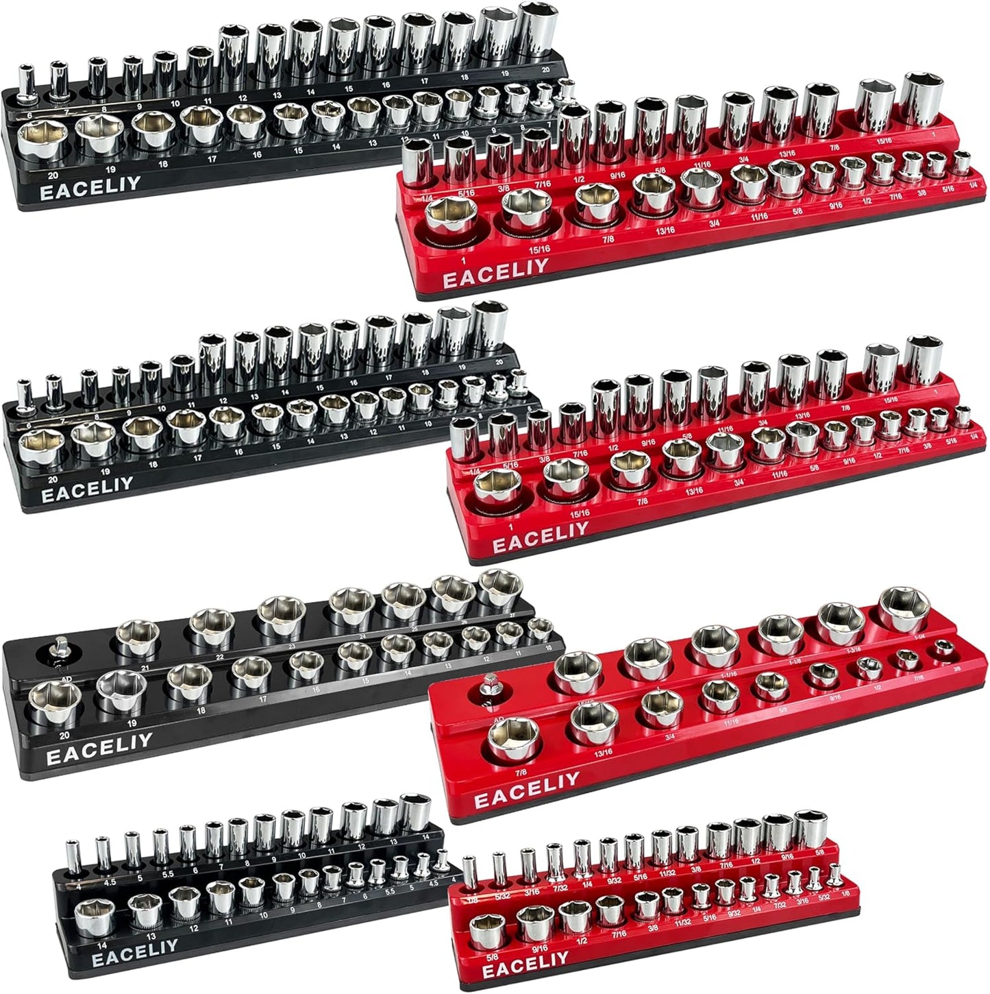EACELIY 6-Piece Magnetic Socket Organizer Set, 1/2", 1/4" and 3/8" SAE & Metric Deep & Shallow Socket Holder Kit, holds 141 stanard Sockets, attaches to steel box/tool cart (sockets not included)