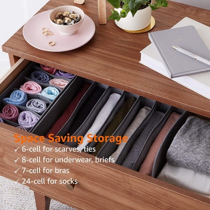 Amazon Basics Collapsible Cloth Drawer Organizer Boxes for Socks, Underwear and Baby Clothes, Storage Bins, Gray, Set of 6
