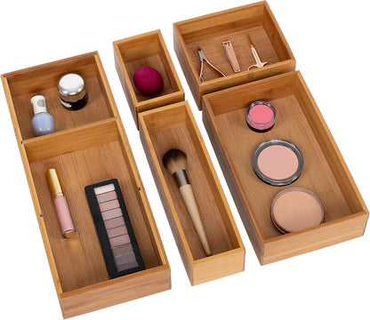 Seville Classics Bamboo Premium Organizer Storage Bins for Kitchen Silverware, Pantry, Closet, Office Desk, Pens, Utensils, Makeup, K Cup, Bamboo, Bag Holder Bin Set (4 Piece)