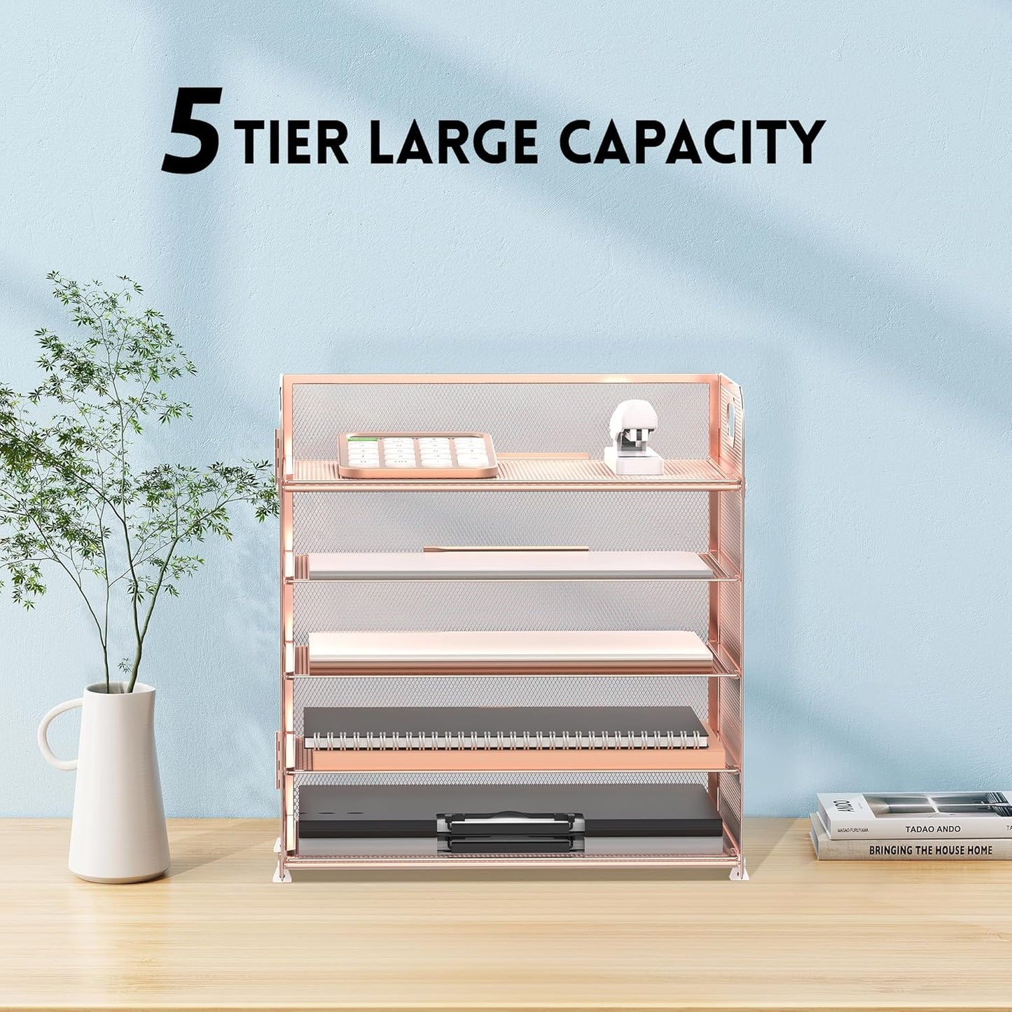 Supeasy 5 Trays Paper Organizer Letter Tray with Handle-Mesh Desk File Holders, Paper Sorter Desk Organizer for Office, Home, Classroom or School, White