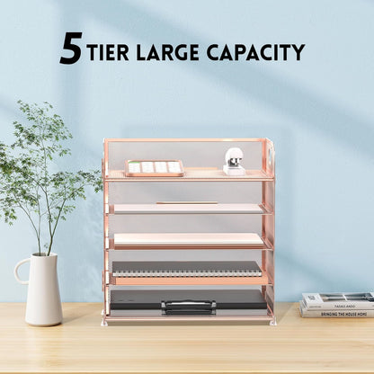 Supeasy 5 Trays Paper Organizer Letter Tray with Handle-Mesh Desk File Holders, Paper Sorter Desk Organizer for Office, Home, Classroom or School, White