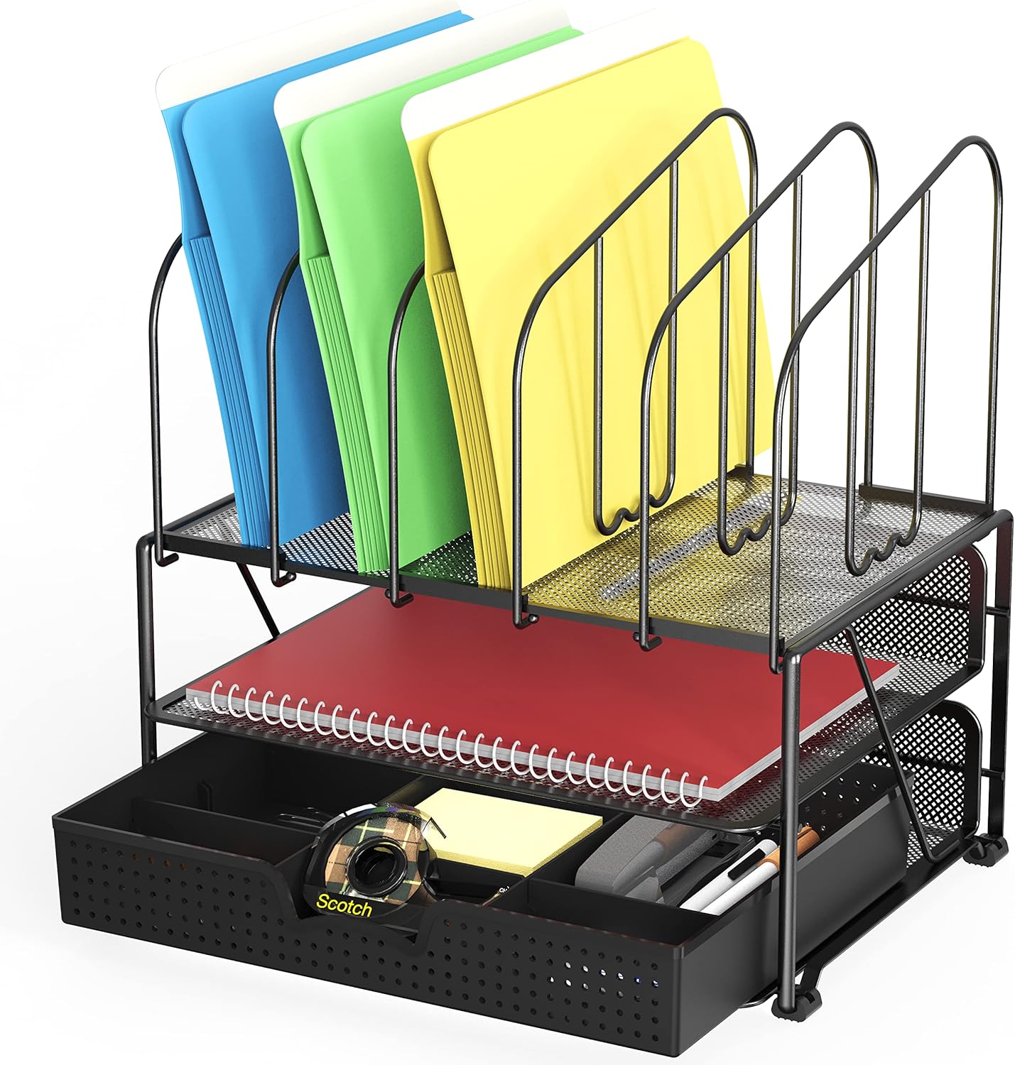 Deco Brothers Mesh Desk Organizer with Double Tray, 5 Upright Sections and Sliding Drawer, Black