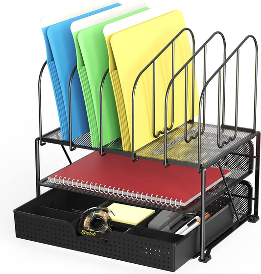 Deco Brothers Mesh Desk Organizer with Double Tray, 5 Upright Sections and Sliding Drawer, Black