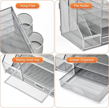 Marbrasse Desk Organizer with File Holder, 5-Tier Paper Letter Tray Organizer with Drawer and 2 Pen Holder, Mesh Desktop Organizer and Storage with Magazine Holder for Office Supplies(Black)