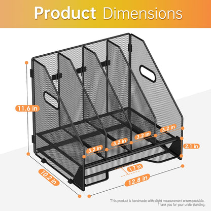 Docnest Desk File Holder Sorter, 4 Vertical Compartments Rack with Letter Tray, Mesh Magazine File Holder with Handle,Workspace Organizers,Desk Organizers for Paper, Mail, Documents-Black