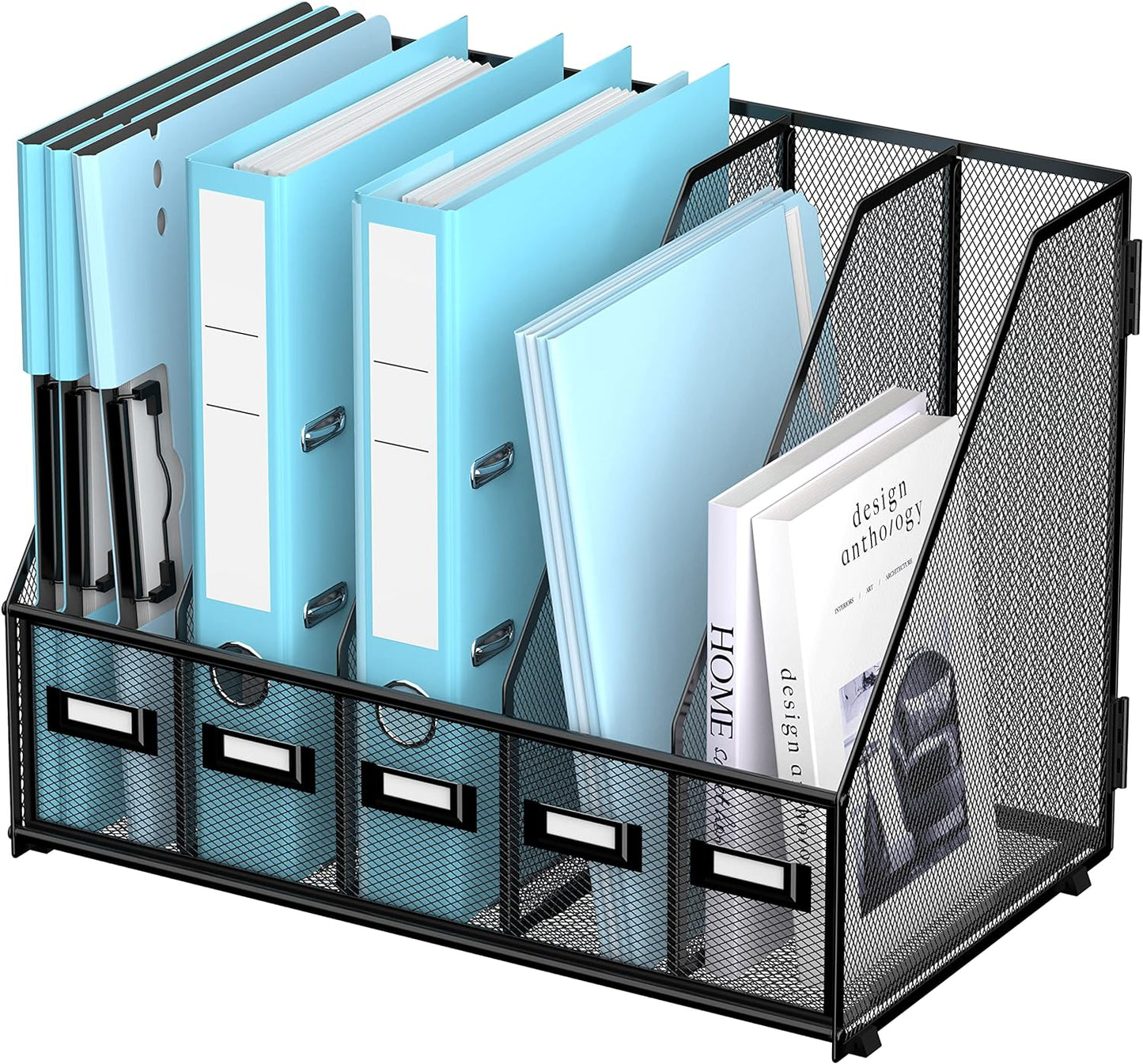 SUPEASY Desk Organizers Metal Desk Magazine File Holder with 5 Vertical Compartments Rack File Organizer for Office Desktop, Classroom, Home Workspace, Black