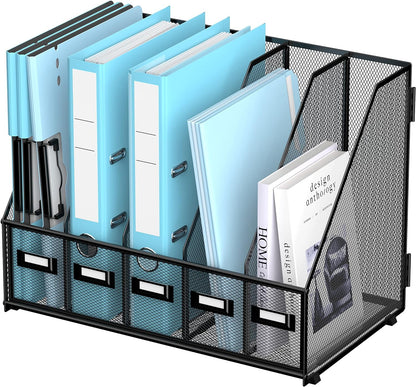 SUPEASY Desk Organizers Metal Desk Magazine File Holder with 5 Vertical Compartments Rack File Organizer for Office Desktop, Classroom, Home Workspace, Black