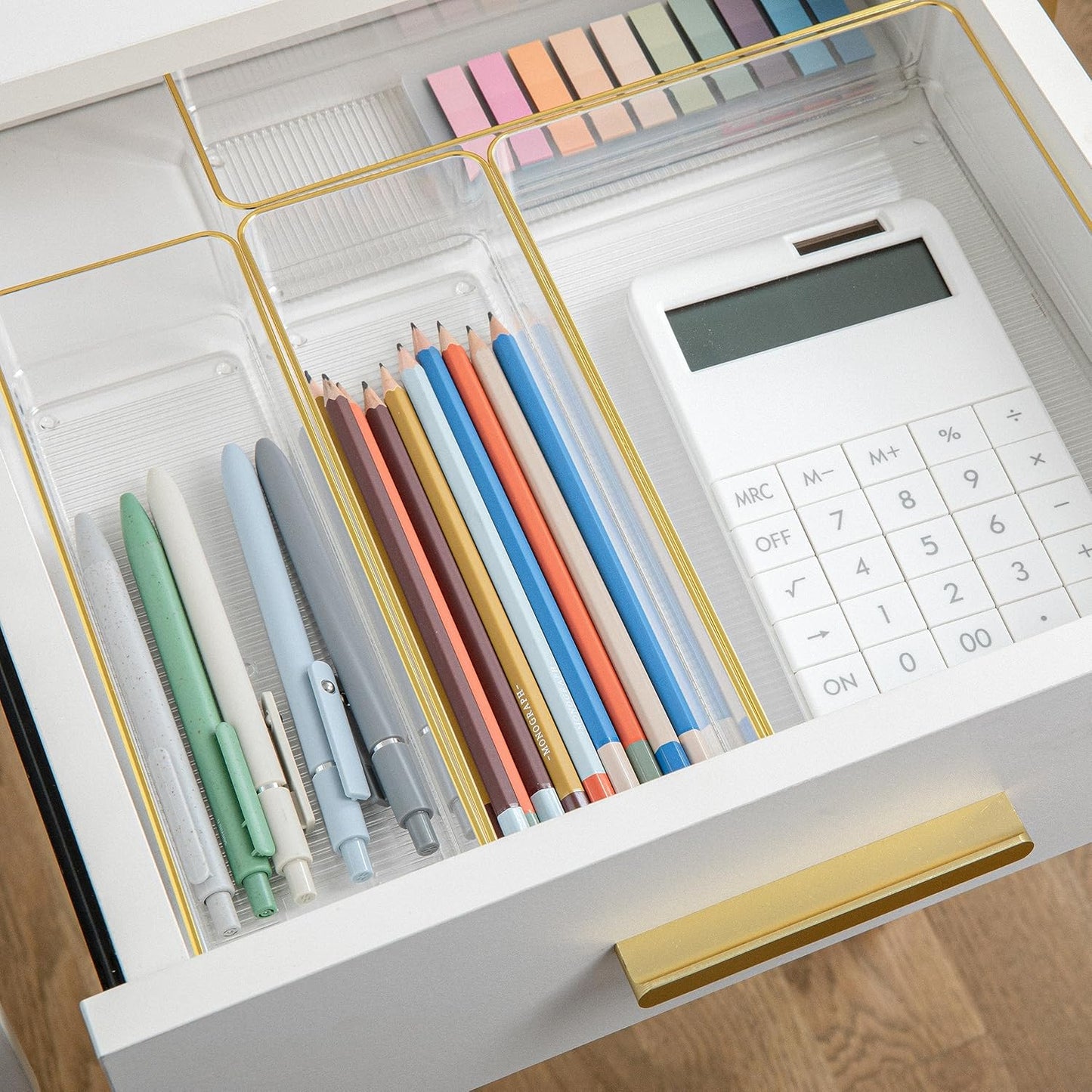 Martha Stewart Kerry Plastic Stackable Office Desk Drawer Organizers, Set of 8, with Gold Trim