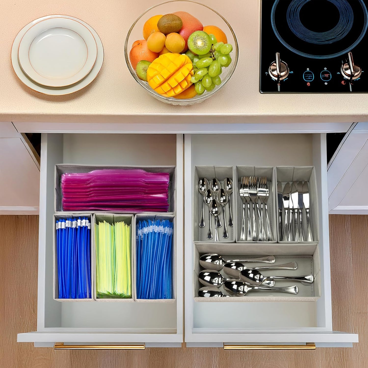 Storage Organizer – 4-Piece Rigid Fabric Bag Organizer for Gallon, Quart, Sandwich & Snack Bags, Kitchen Drawer Organizer for Utensils & Silverware
