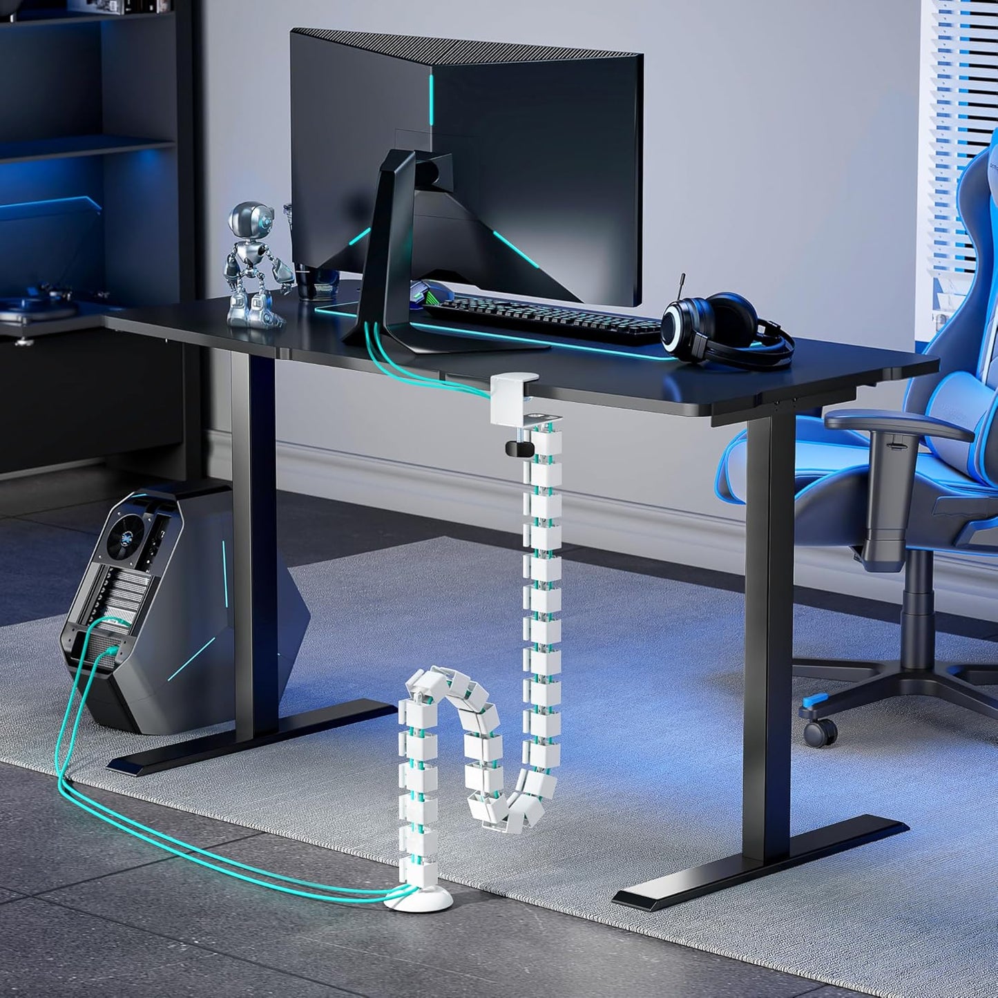 PEGZONE Under Desk Cable Management Spine – Flexible Cable Snake Organizer for Standing Desk, Tool-Free Magnetic Vertebrae Wire Management for 0.4"-2" Table, White