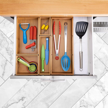 Seville Classics Bamboo Premium Organizer Storage Bins for Kitchen Silverware, Pantry, Closet, Office Desk, Pens, Utensils, Makeup, K Cup, Bamboo, Bag Holder Bin Set (4 Piece)