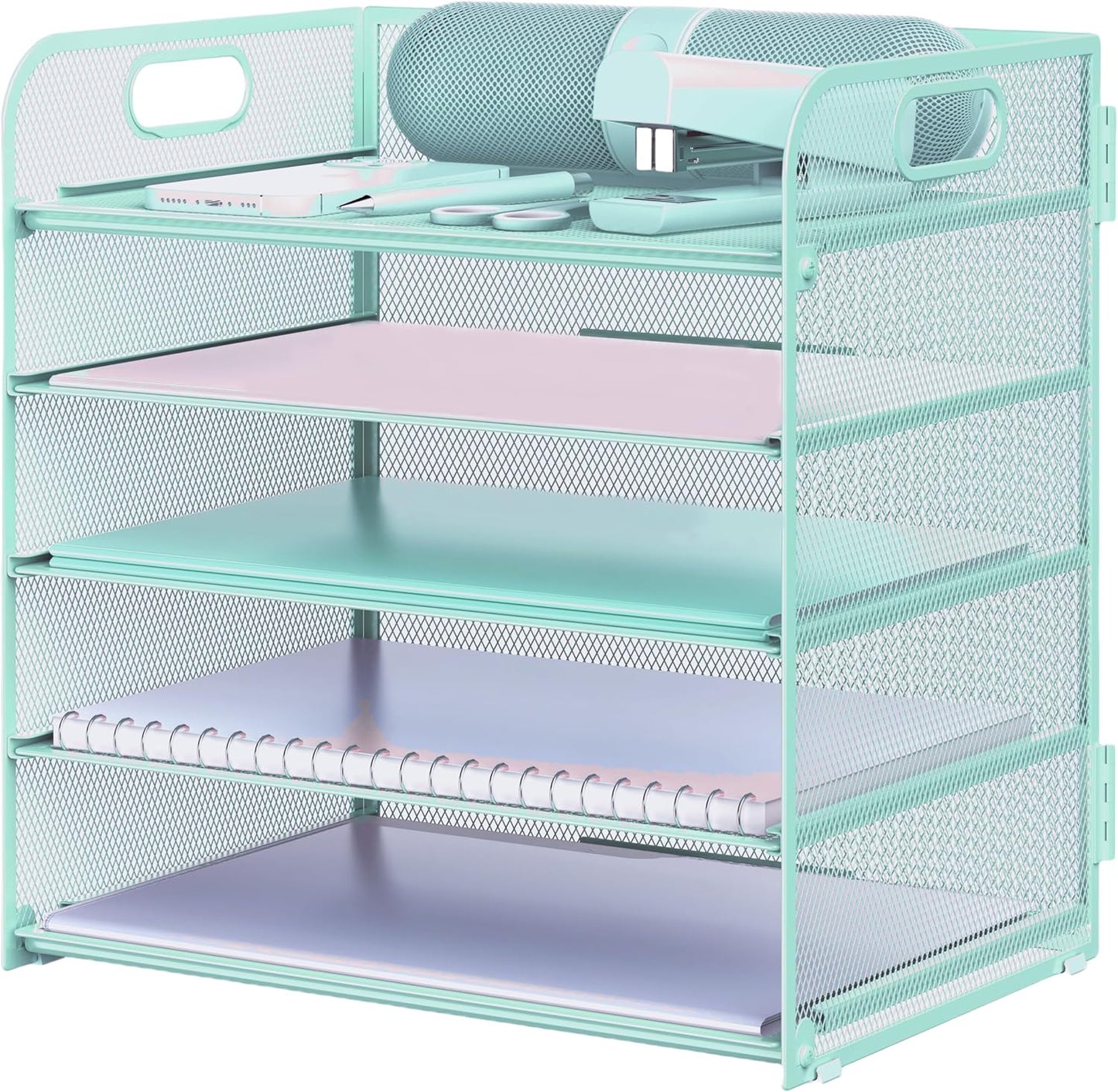 Letter Tray Paper Organizer 5-Tier Desk Organizer File Organizer Paper Holder with Handle, Metal Desktop Document Shelf Tray Office Classroom Organization - Black