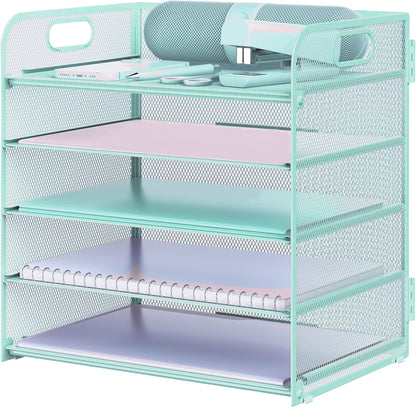 Letter Tray Paper Organizer 5-Tier Desk Organizer File Organizer Paper Holder with Handle, Metal Desktop Document Shelf Tray Office Classroom Organization - Black
