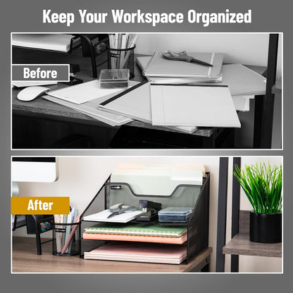 Mind Reader Metal Mesh Desktop File Organizer, 3-Tier Paper Tray with 5 Compartments, Office Mail Sorter, White
