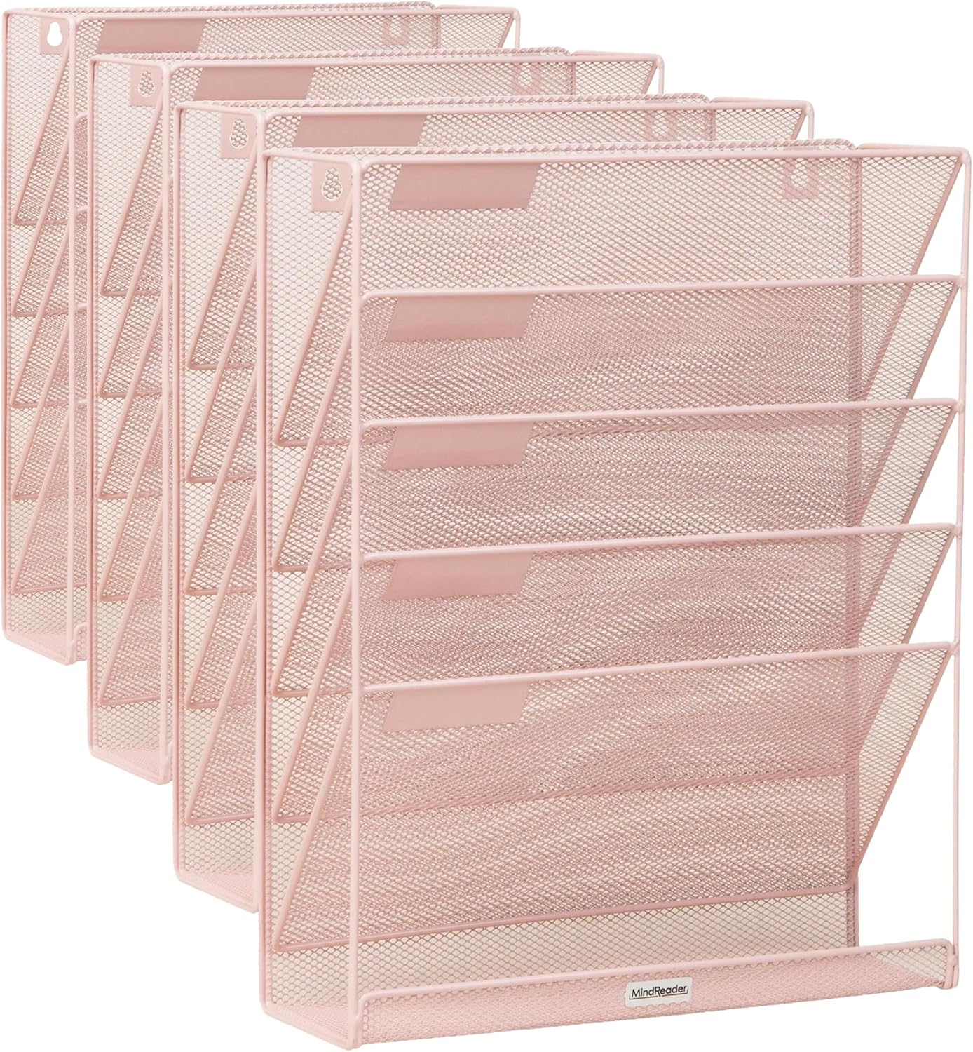 Mind Reader 5-Pocket Vertical File Storage, Desktop Organizer, Wall Mount, Office, Metal Mesh, Pink